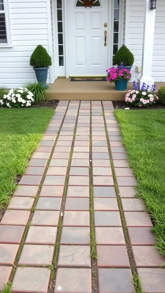 Welcoming pathway made of pavers with flowers and greenery on either side
