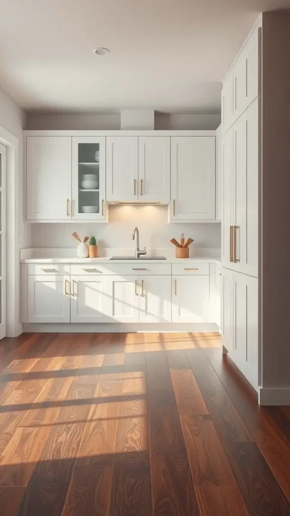 A modern kitchen with white cabinets and dark wood floors, showcasing a bright and airy feel.