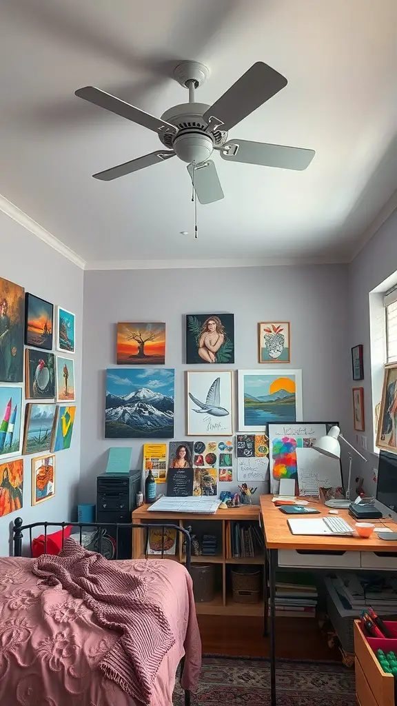 A cozy artsy corner with colorful artwork on the walls, a desk with art supplies, and soft lighting.