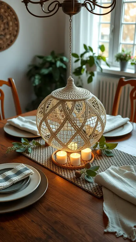 A beautifully set wooden table featuring a crochet doily with a crochet bowl on top, surrounded by greenery and flowers.