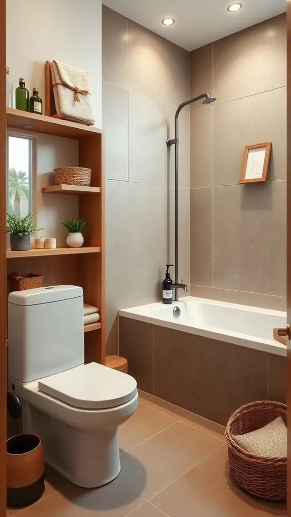A modern half bathroom featuring wooden shelves with towels, plants, and a bathtub, showcasing a clean and organized space.