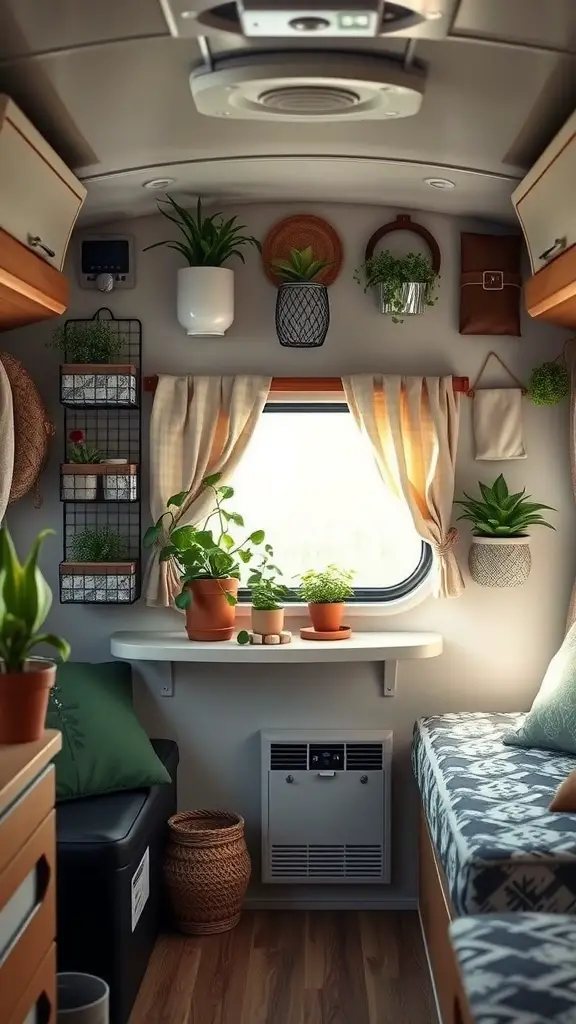 A cozy small camper interior with plants and wall storage solutions.