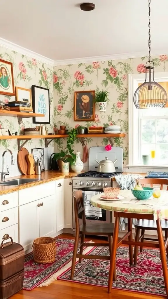 A boho style kitchen featuring colorful floral wallpaper, open shelving with decor, and framed wall art.