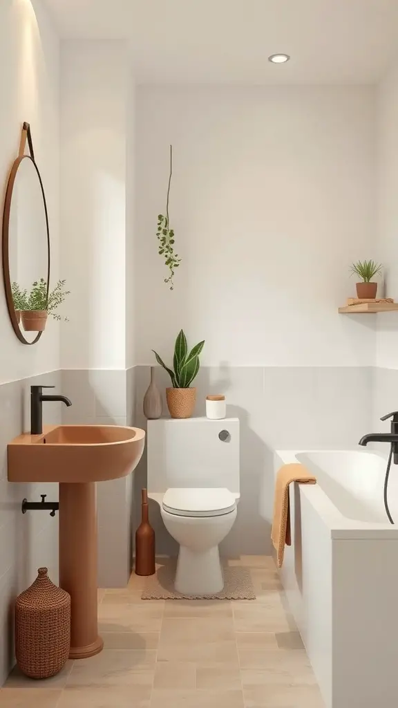 A modern bathroom featuring a white color scheme accented with clay-colored fixtures and plants.