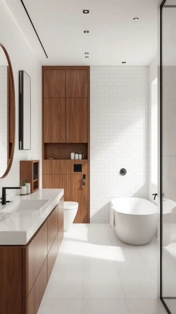 A modern bathroom featuring white walls, walnut wood accents, a round mirror, and green plants.