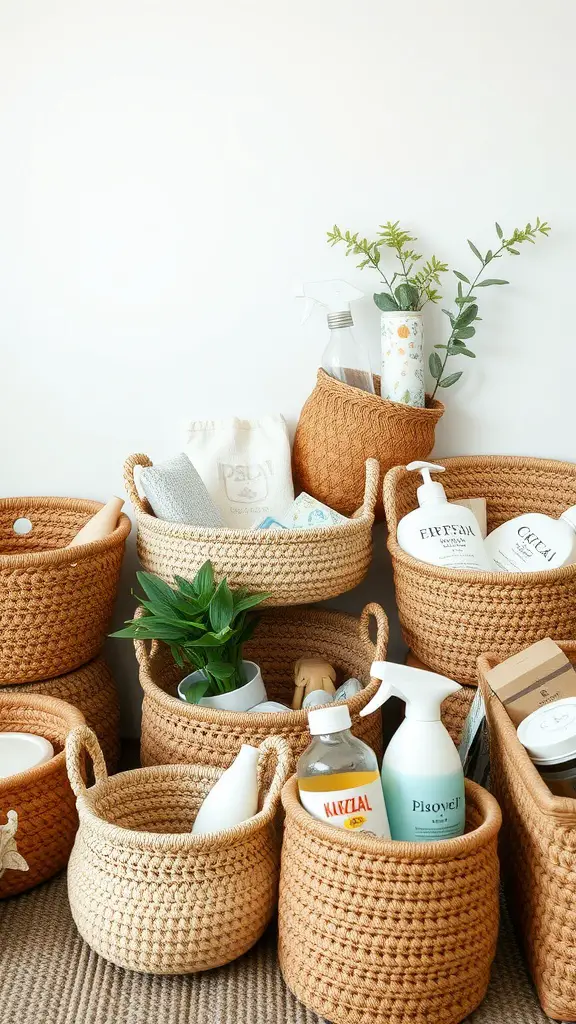 An arrangement of crochet baskets in various sizes filled with home items and greenery.