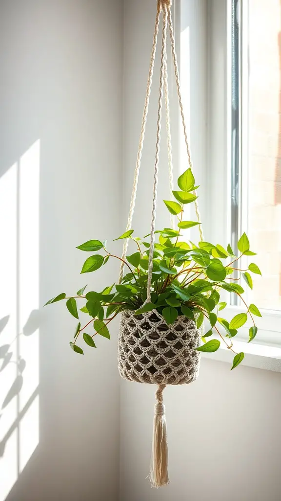 A crocheted plant hanger with a pothos plant, hanging near a window