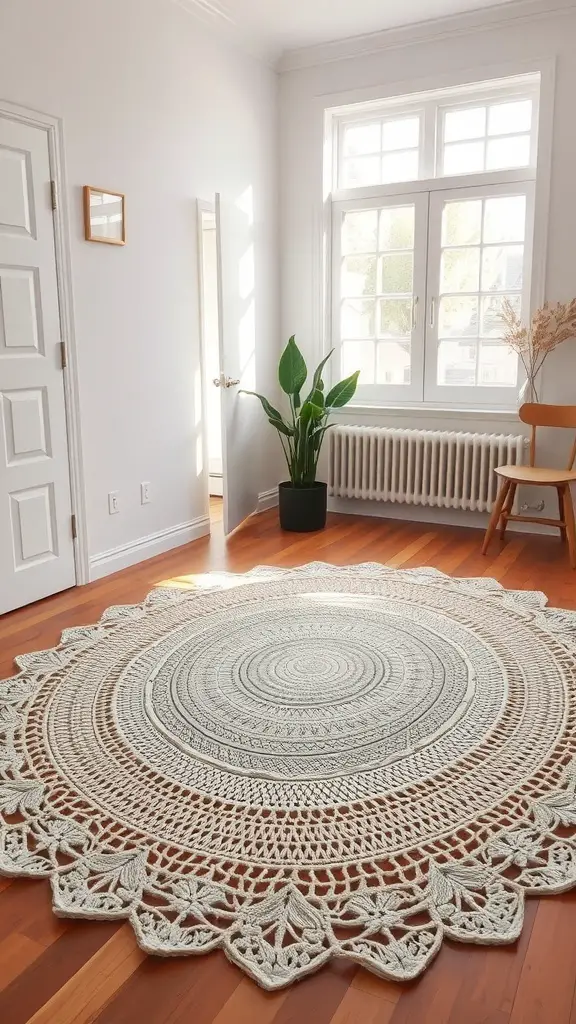 A round crochet rug in a bright room with a wooden floor and plants.