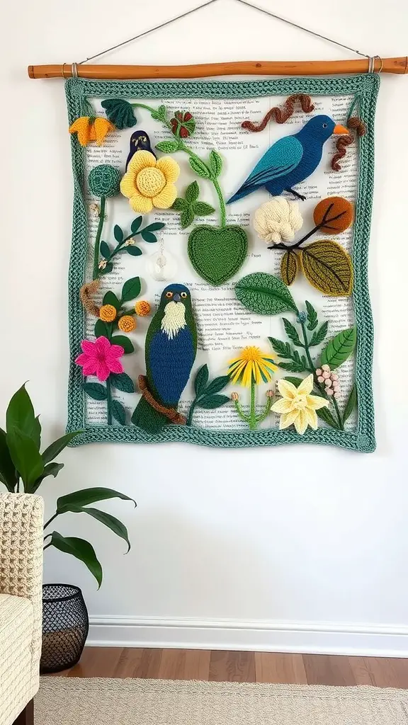 Colorful crochet wall art featuring birds and flowers on a textured background.