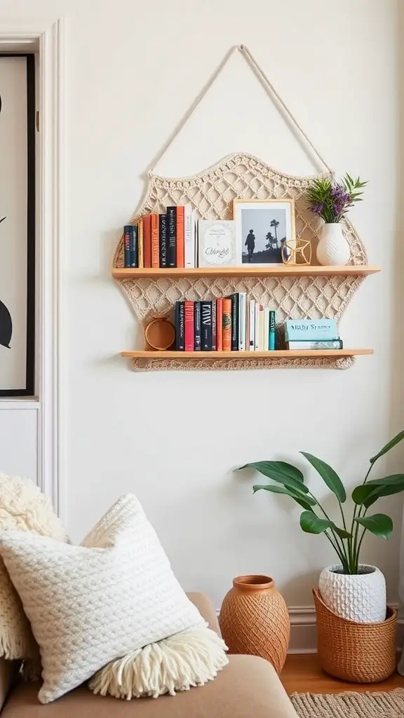 A rustic crochet wall shelf displaying books, plants, and decorative items, featuring warm wood tones and intricate crochet detailing.