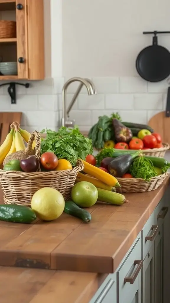 A rustic kitchen countertop displaying fresh produce in woven baskets, including bananas, apples, zucchini, and herbs.