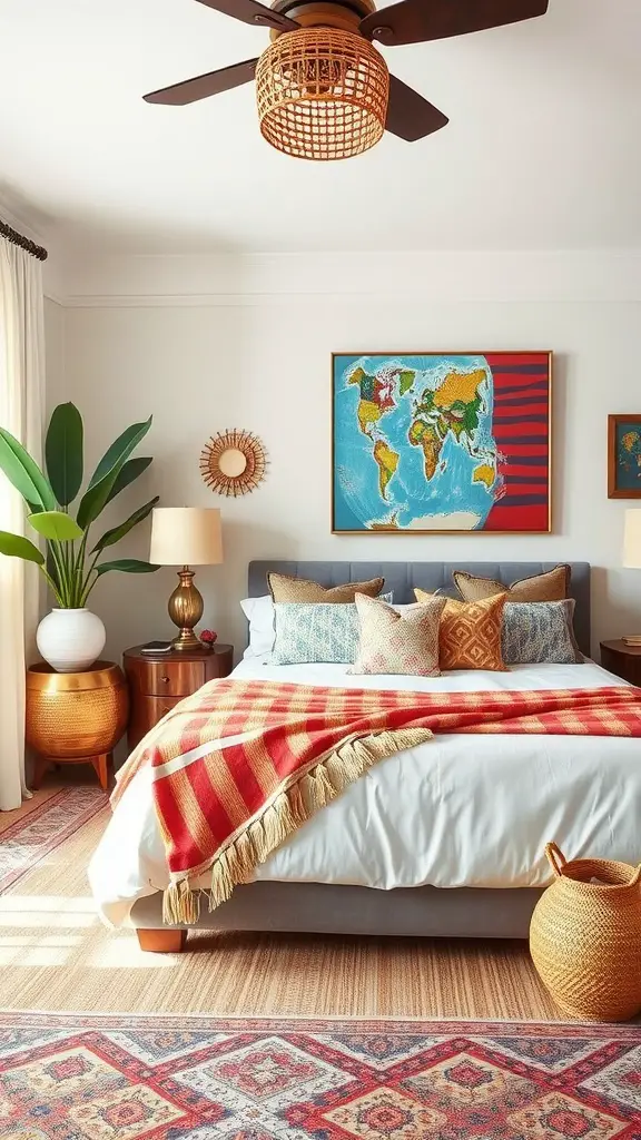 Cozy living area with a colorful sofa, plant decor, and cultural art pieces