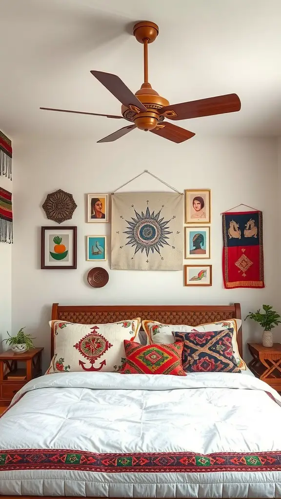 An inviting bedroom with a mix of cultural decor, featuring a colorful bedspread, an array of framed artwork, and natural elements.
