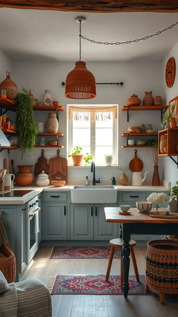 A cozy Boho style kitchen featuring earthy tones, natural materials, and decorative elements like woven baskets and plants.