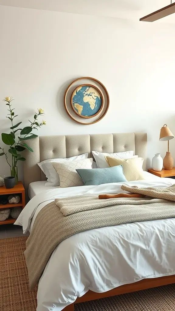 A serene bedroom with a wooden bed, soft white bedding, and natural decor elements including plants and woven textures.