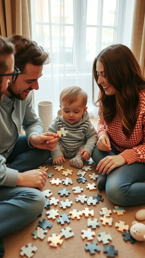 A family sitting on the floor, piecing together a colorful puzzle with a baby in the center.
