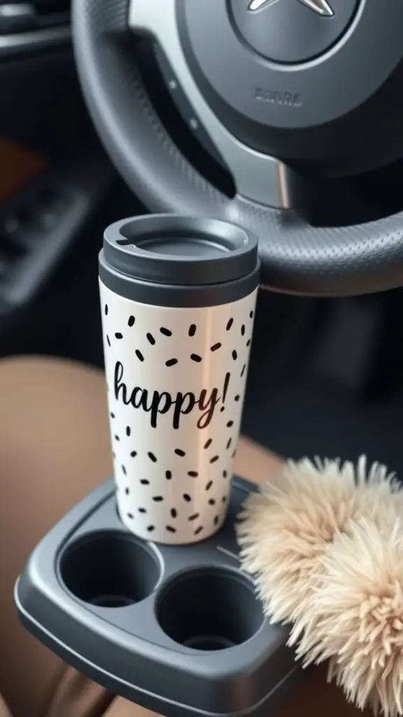 Cute travel mug in car cup holder with fluffy steering wheel cover.
