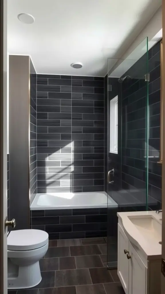A modern bathroom featuring dark tile walls and a sleek shower design.