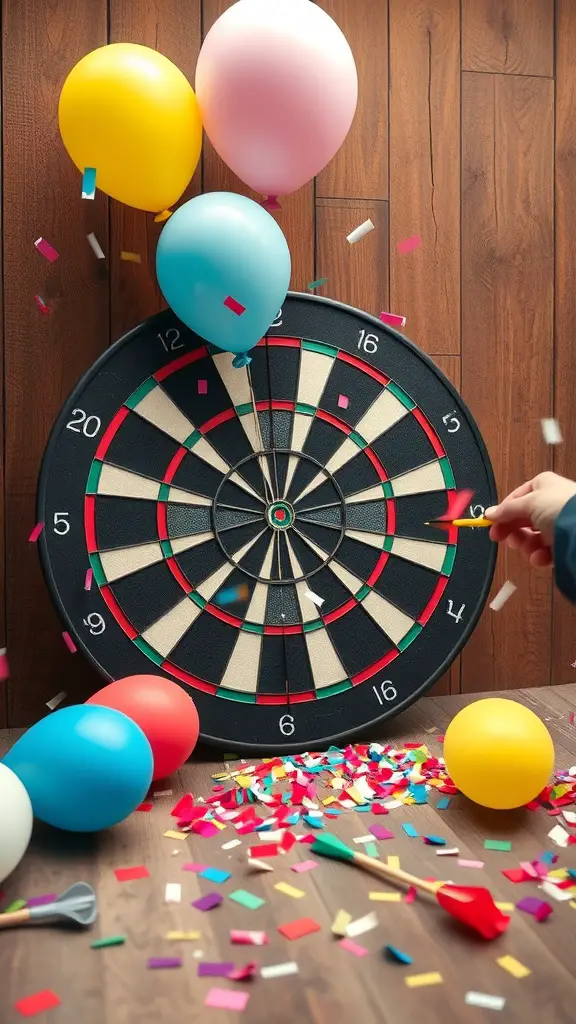 A dartboard with colorful balloons and confetti around it