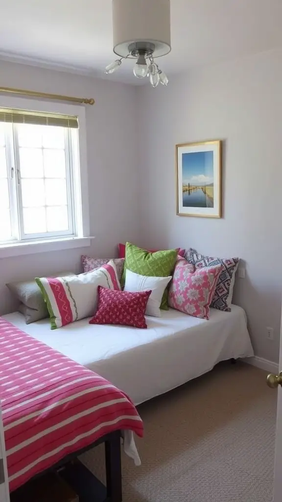 A small bedroom featuring a daybed with colorful pillows, a light rug, and a map on the wall.