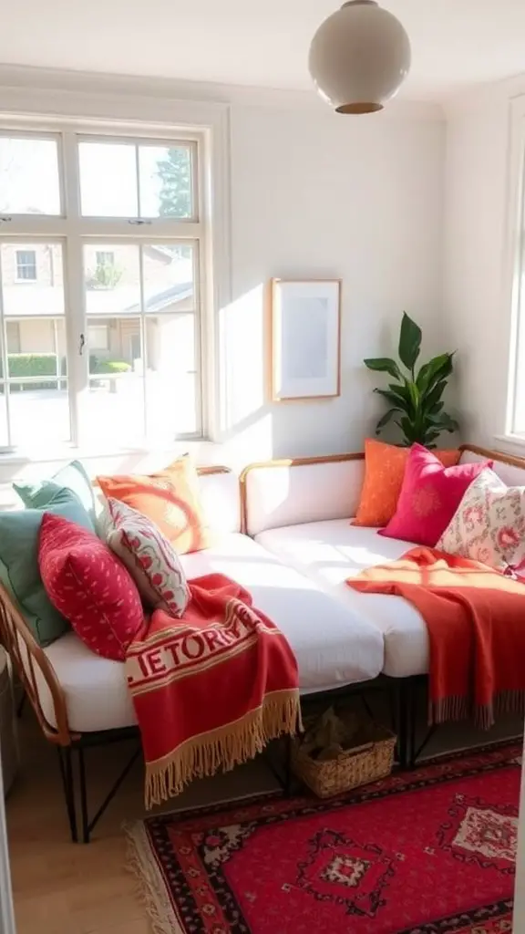 A stylish daybed with colorful cushions in a small room setting.