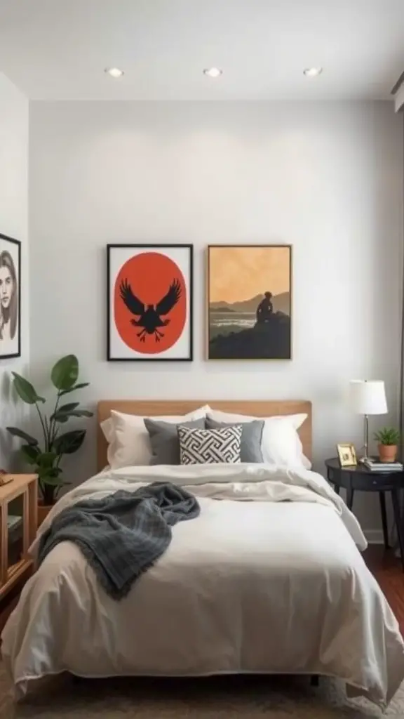 A cozy bedroom featuring various pieces of vertical art on the walls, creating a sense of height and space.