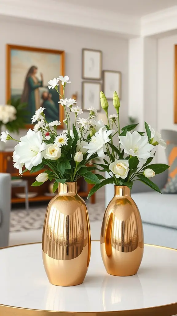 Two decorative gold vases filled with white flowers, placed on a coffee table in a stylish living room.