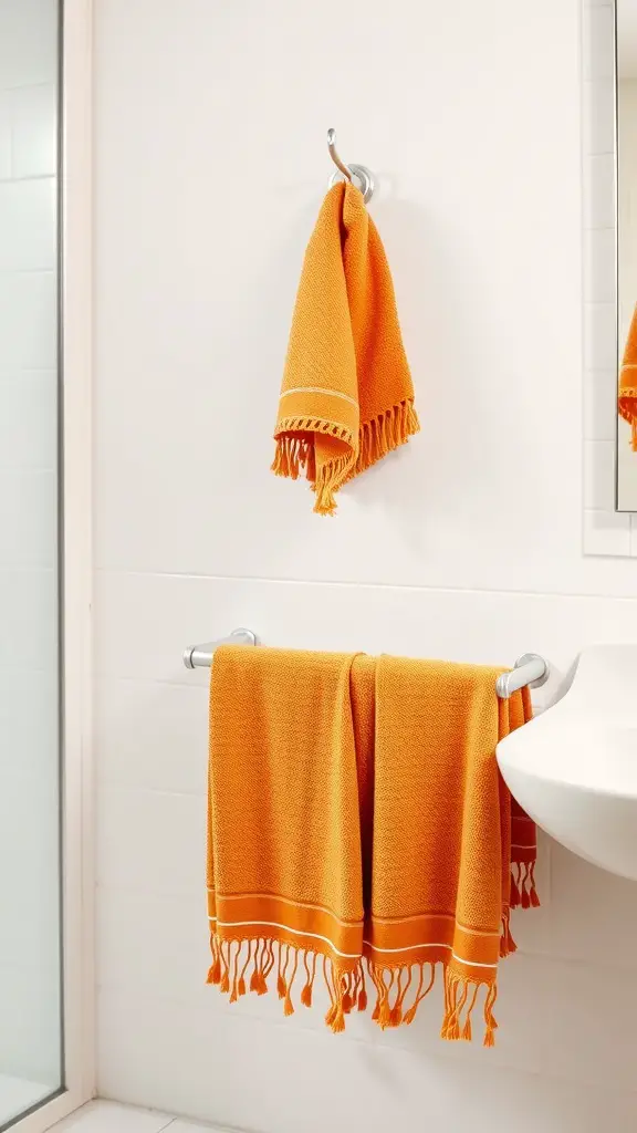 Vibrant orange towels hanging in a modern bathroom setting.