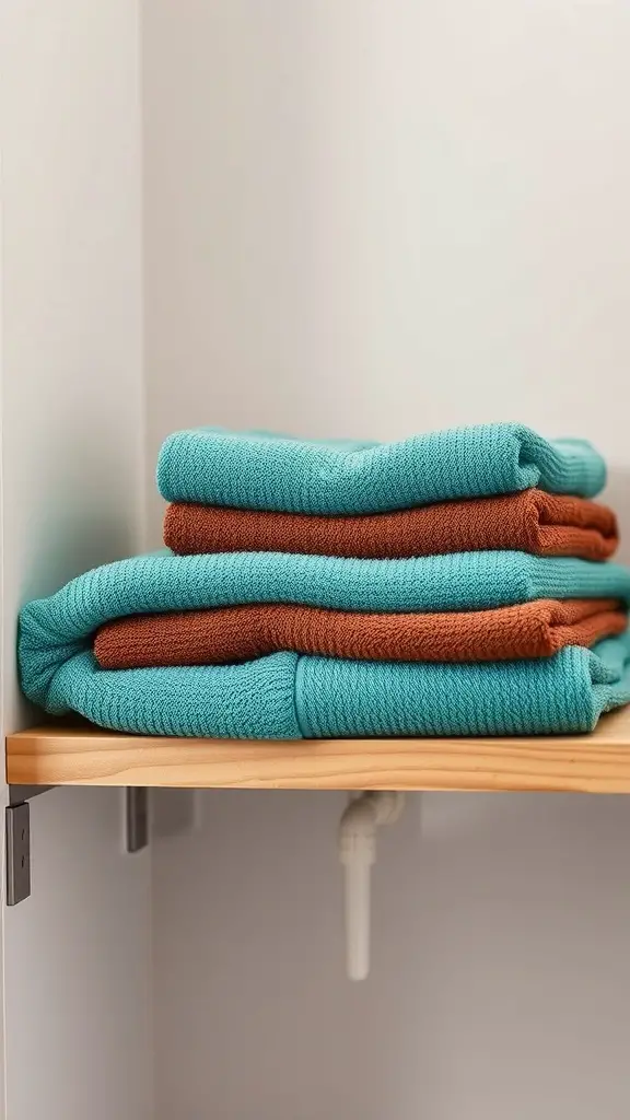 Stacked teal and chocolate towels on a wooden shelf
