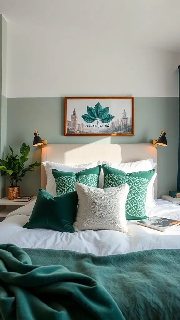 A serene bedroom featuring a deep emerald green headboard, soft pillows, and warm lighting, creating a calming atmosphere.