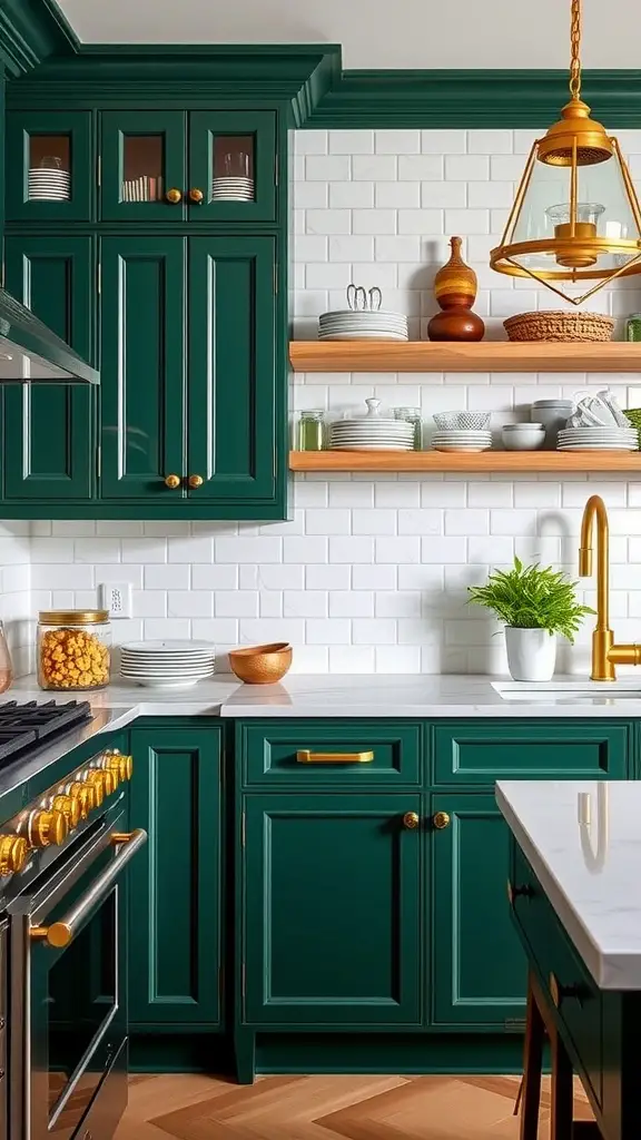 A kitchen featuring deep emerald green cabinets, wooden shelves, and gold fixtures.