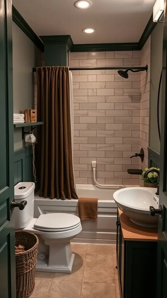 A cozy bathroom with deep green painted cabinets, gray tiles, a bathtub, and warm lighting.