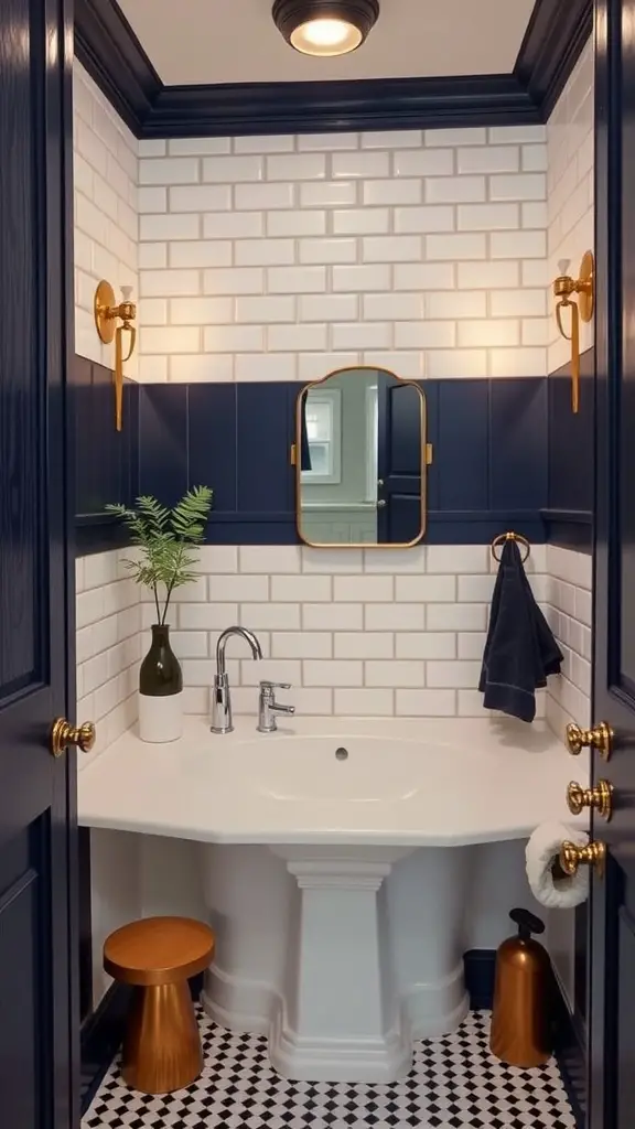 A small bathroom featuring deep navy blue paneling, white subway tiles, gold fixtures, and decorative plants.