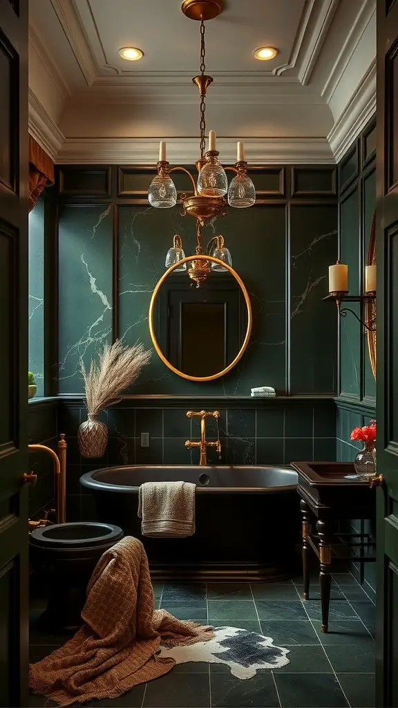 Bathroom featuring deep olive tones on the walls, a white sink and toilet, wooden accents, and plants.