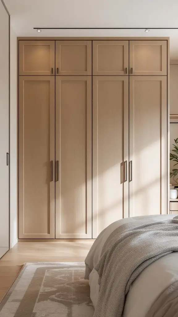 A cozy bedroom featuring a built-in wooden wardrobe, designed to maximize space.