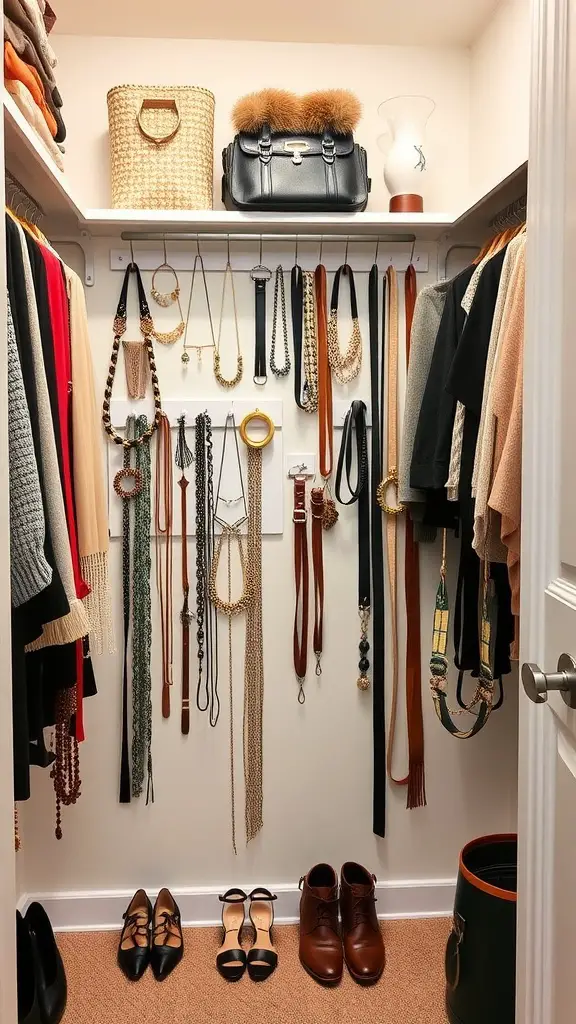 A well-organized closet accessory wall showing necklaces, belts, bags, and shoes.