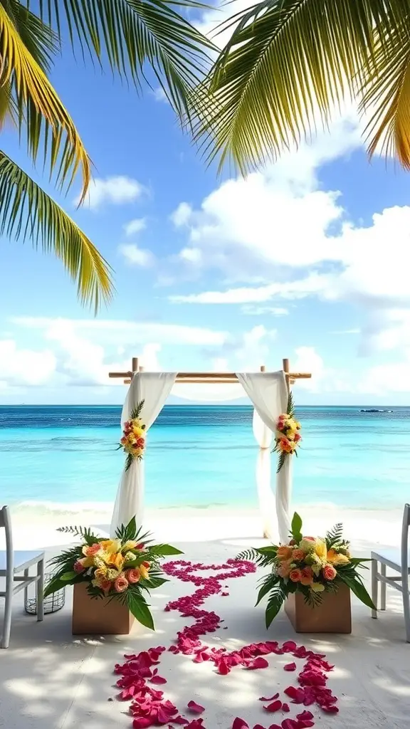 A wedding setup on a tropical beach with an altar and floral decorations
