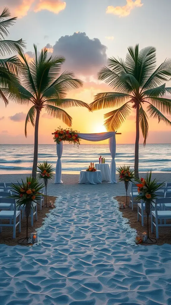 Beach wedding setup with palm trees and sunset.