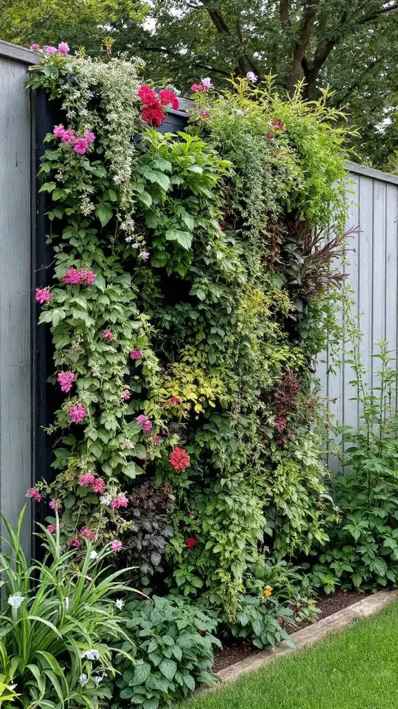 A vertical garden displayed on a wooden trellis, featuring various plants and flowers in pots.