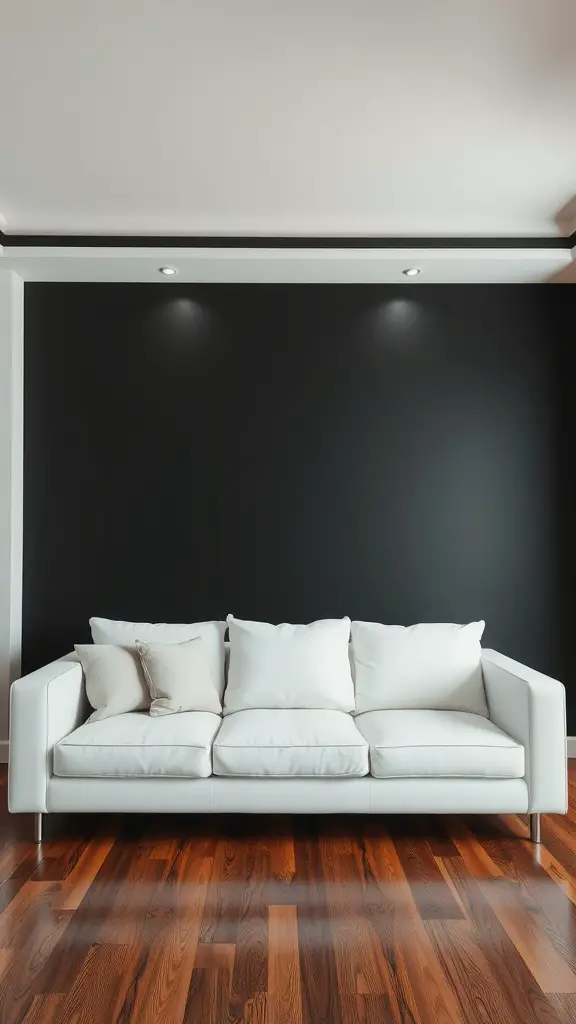 Minimalist living room featuring a dramatic black accent wall behind a modern white sofa.