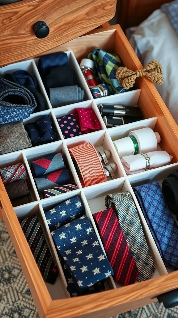 A neatly organized drawer with ties and accessories separated by dividers