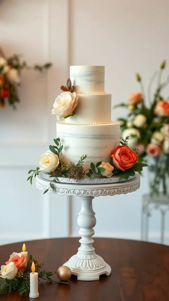 A three-tiered wedding cake on a decorative stand surrounded by flowers and candles.
