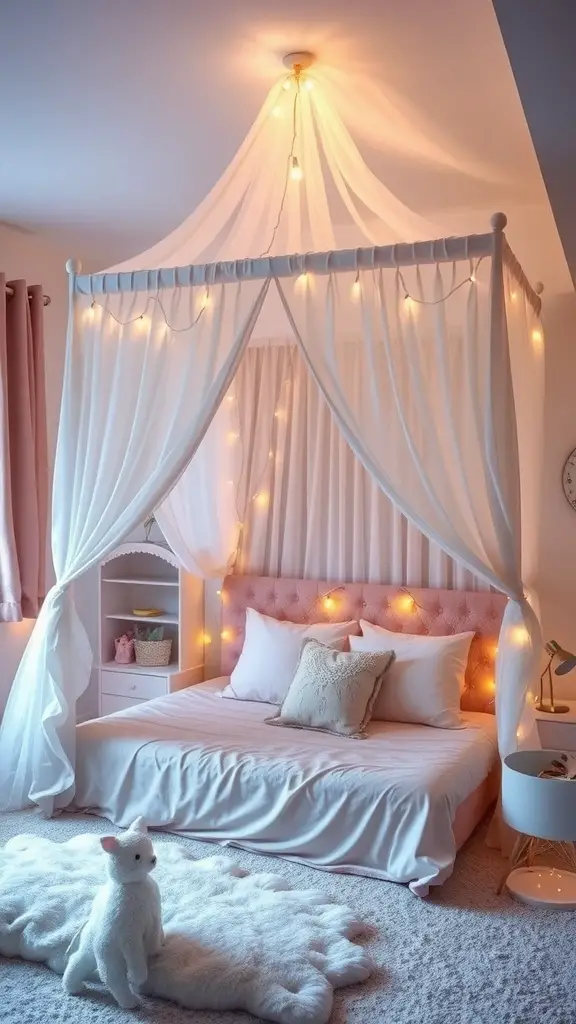 A dreamy canopy bed with white drapes and fairy lights, creating a cozy atmosphere.