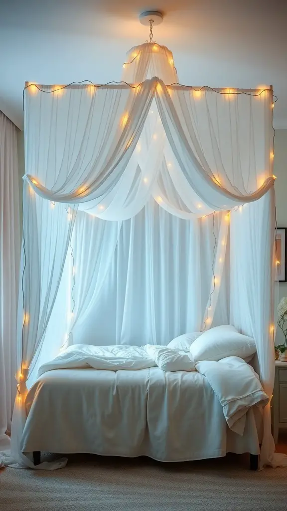 A cozy canopy bed draped in sheer white fabric with warm fairy lights, creating a serene and inviting atmosphere.