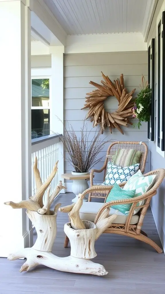 A cozy porch featuring driftwood accents in furniture, lush plants, and a welcoming atmosphere.