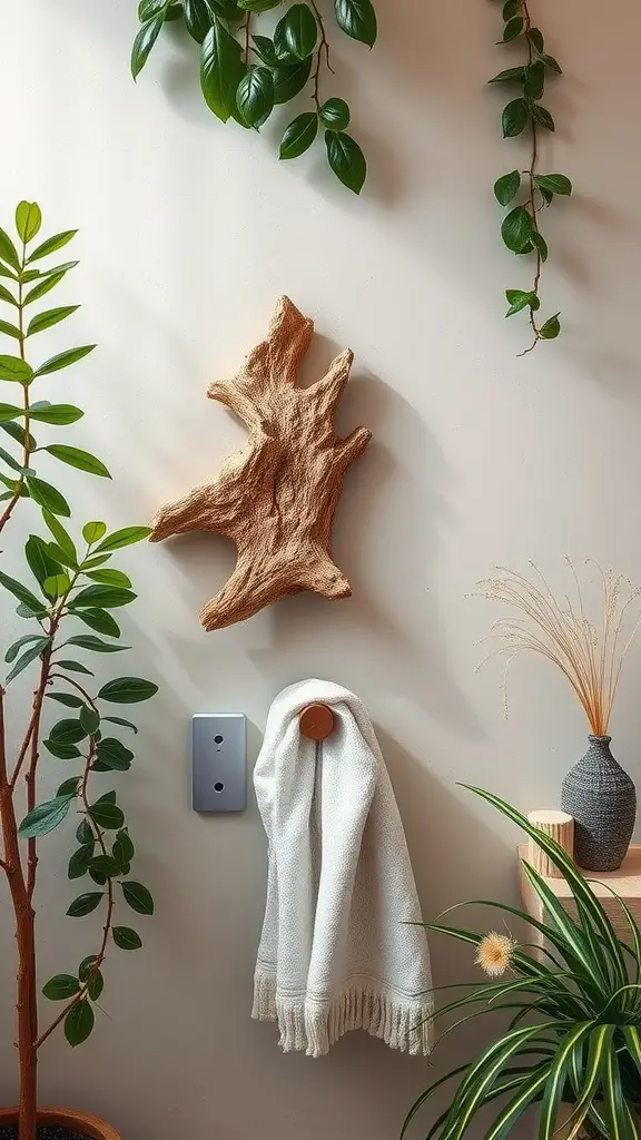 Driftwood towel hook with a white towel hanging, surrounded by plants and a modern vase.