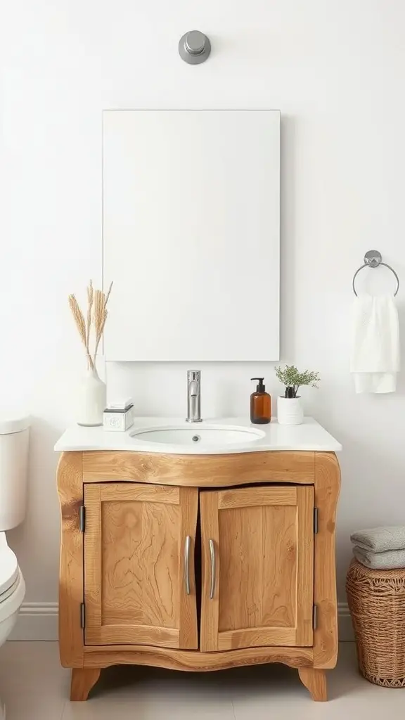 A driftwood inspired bathroom cabinet with soft curves and a natural wood finish, complemented by a white countertop and simple decor.