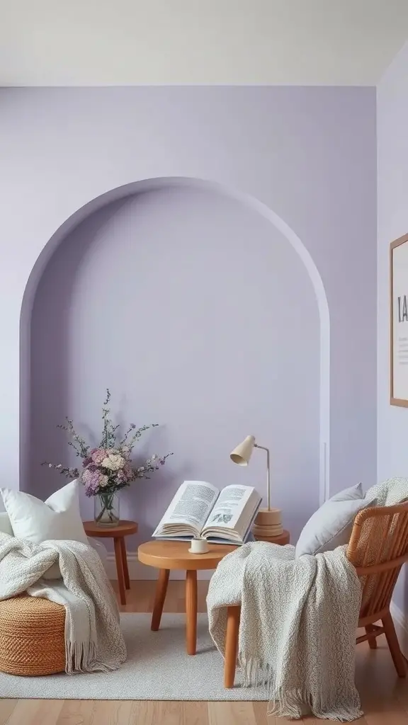 A cozy reading nook with dusty lavender walls, natural brown furniture, and a floral arrangement