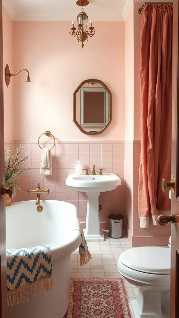 A vintage-inspired bathroom featuring dusty rose walls, a classic bathtub, and warm accents.
