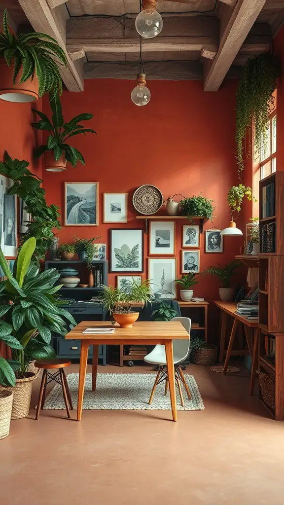 A cozy workspace featuring dusty terracotta walls, plants, and wooden furniture.